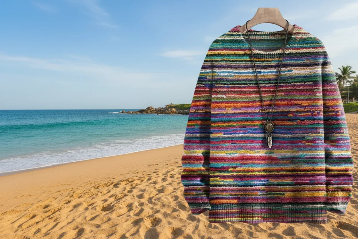 Colorful striped sweater on a hanger against a beach backdrop