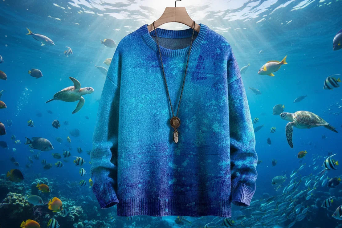Blue sweater on a hanger with an underwater background featuring fish and turtles.