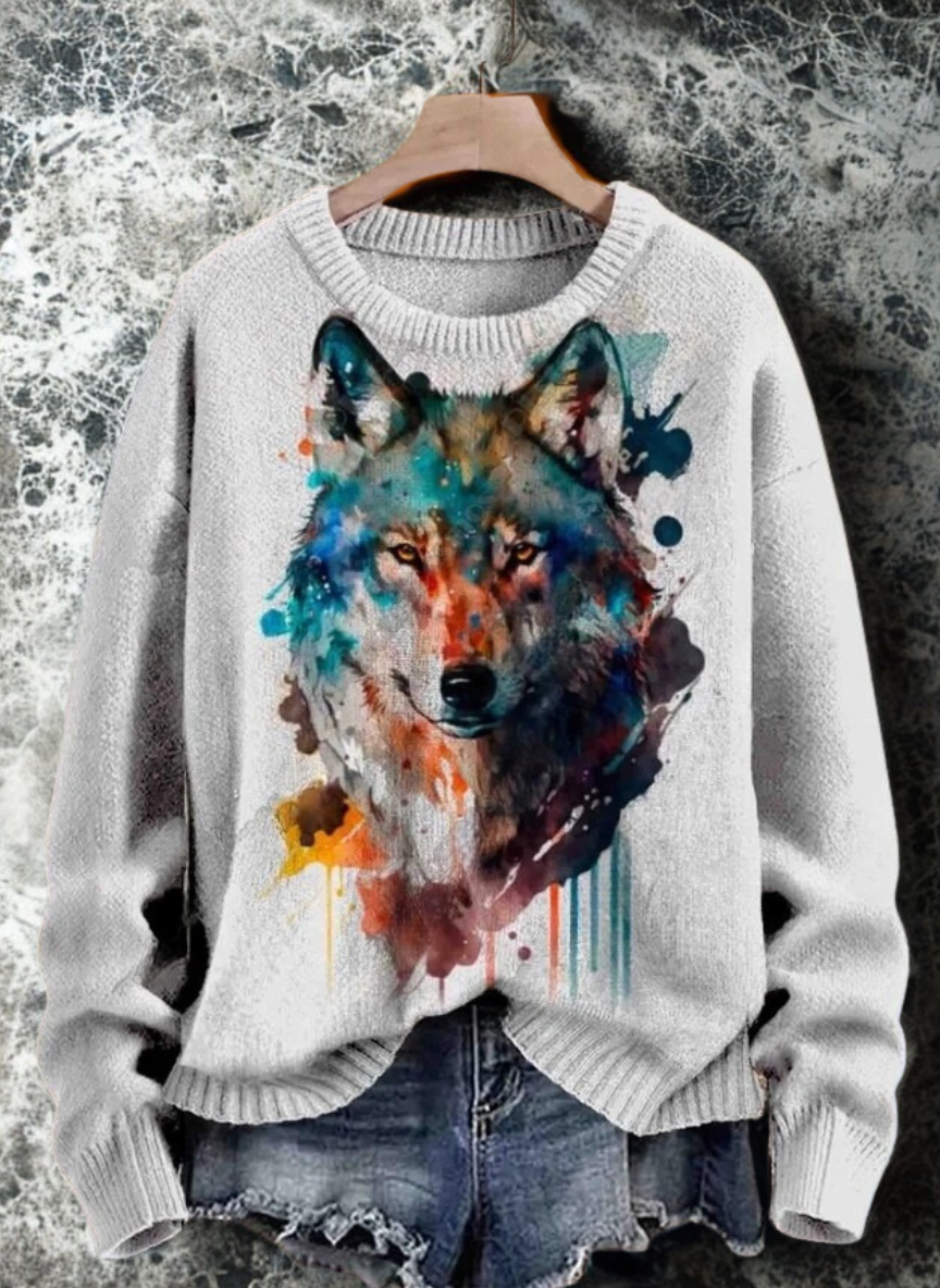 Vibrant watercolor wolf sweater – artistic 3D print, unisex fit, great for gifting and everyday wear