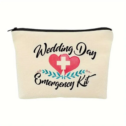 Wedding Day Emergency Kit pouch with heart and cross design on a white background