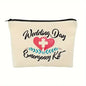Wedding Day Emergency Kit pouch with heart and cross design on a white background