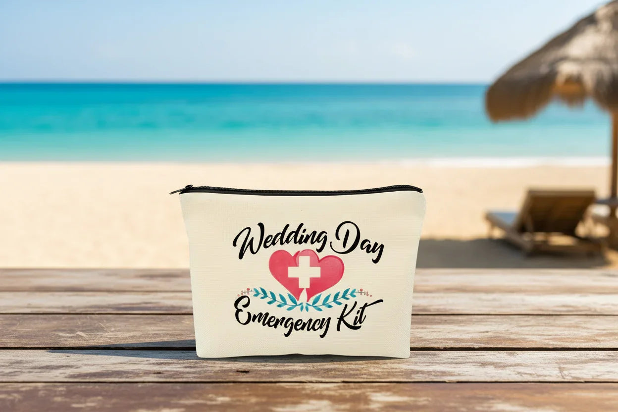 Wedding Day Emergency Kit" bag with a pink medical cross and floral leaf wreath