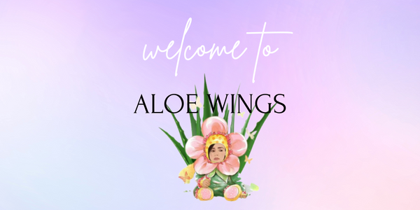 Welcome to Aloe Wings with a character holding a flower on a gradient background