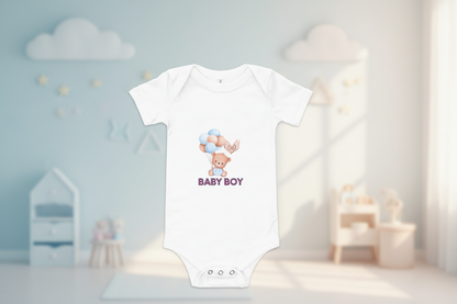 Baby Boy one-piece bodysuit in white with balloon print – soft cotton, snap legs, envelope neck – perfect for newborns