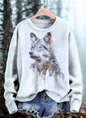 White unisex wolf sweater – cute 3D animal art print, casual O-neck pullover for all seasons