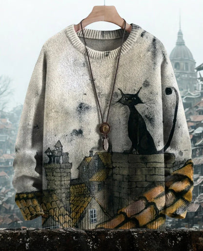 Gothic Cat Cityscape 3D Knit Sweater - White Base, Night Sky Design, Unisex Winter Pullover