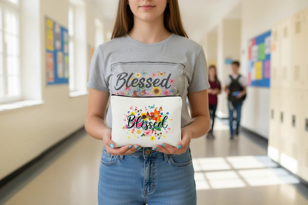 White pouch with 'Blessed' design featuring flowers and butterflies on a white background.