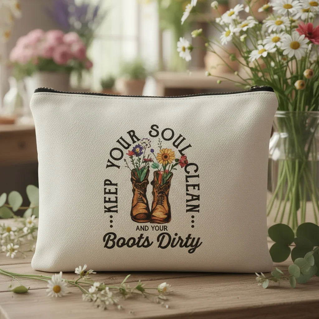 White pouch with 'Keep your soul clean and your boots dirty' text and boot design on a white background