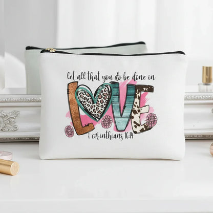 White pouch with colourful 'love' design and text on a white background
