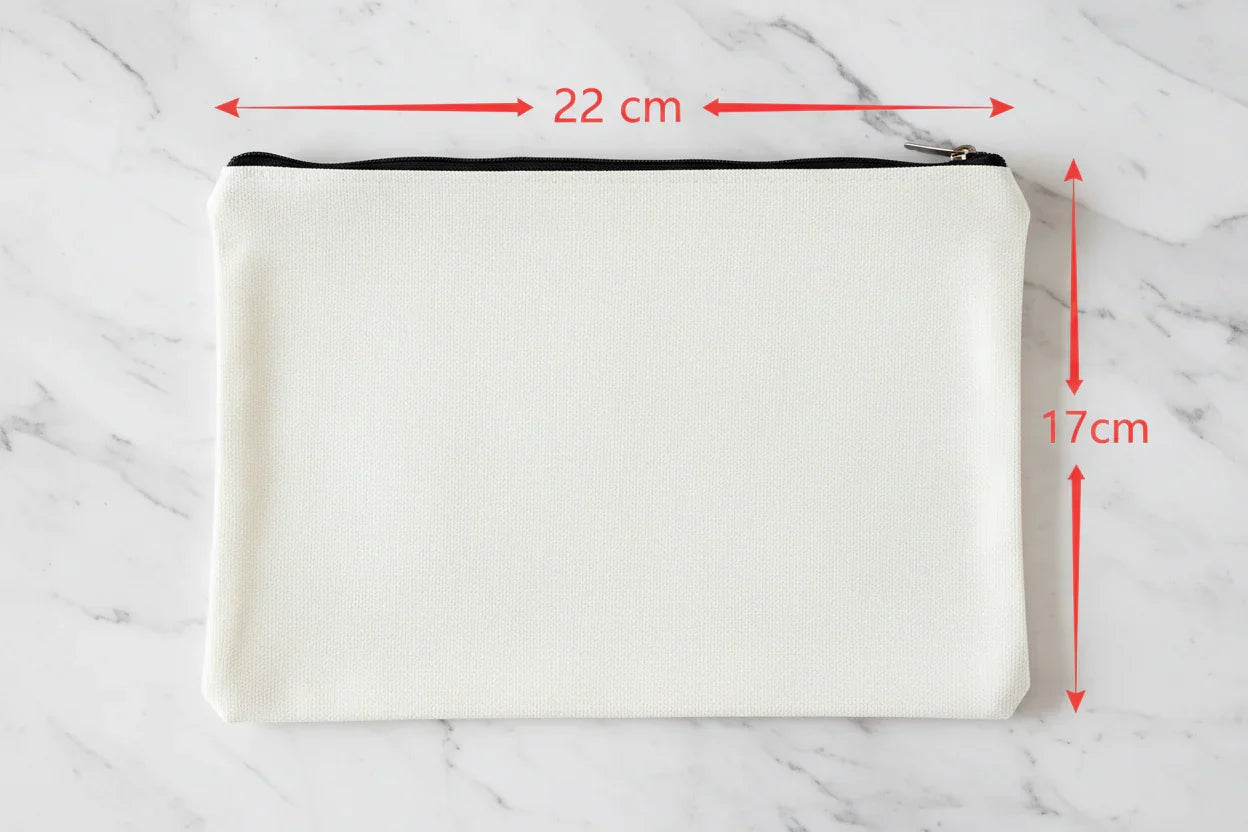White pouch with measurements marked in red on a dark background