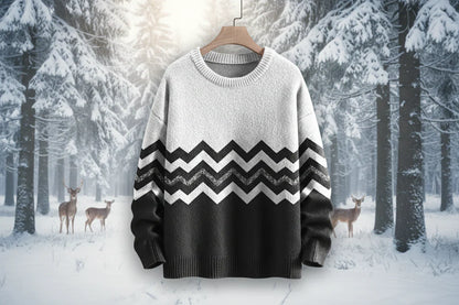 Black and white sweater with zigzag pattern on a hanger against a snowy forest background