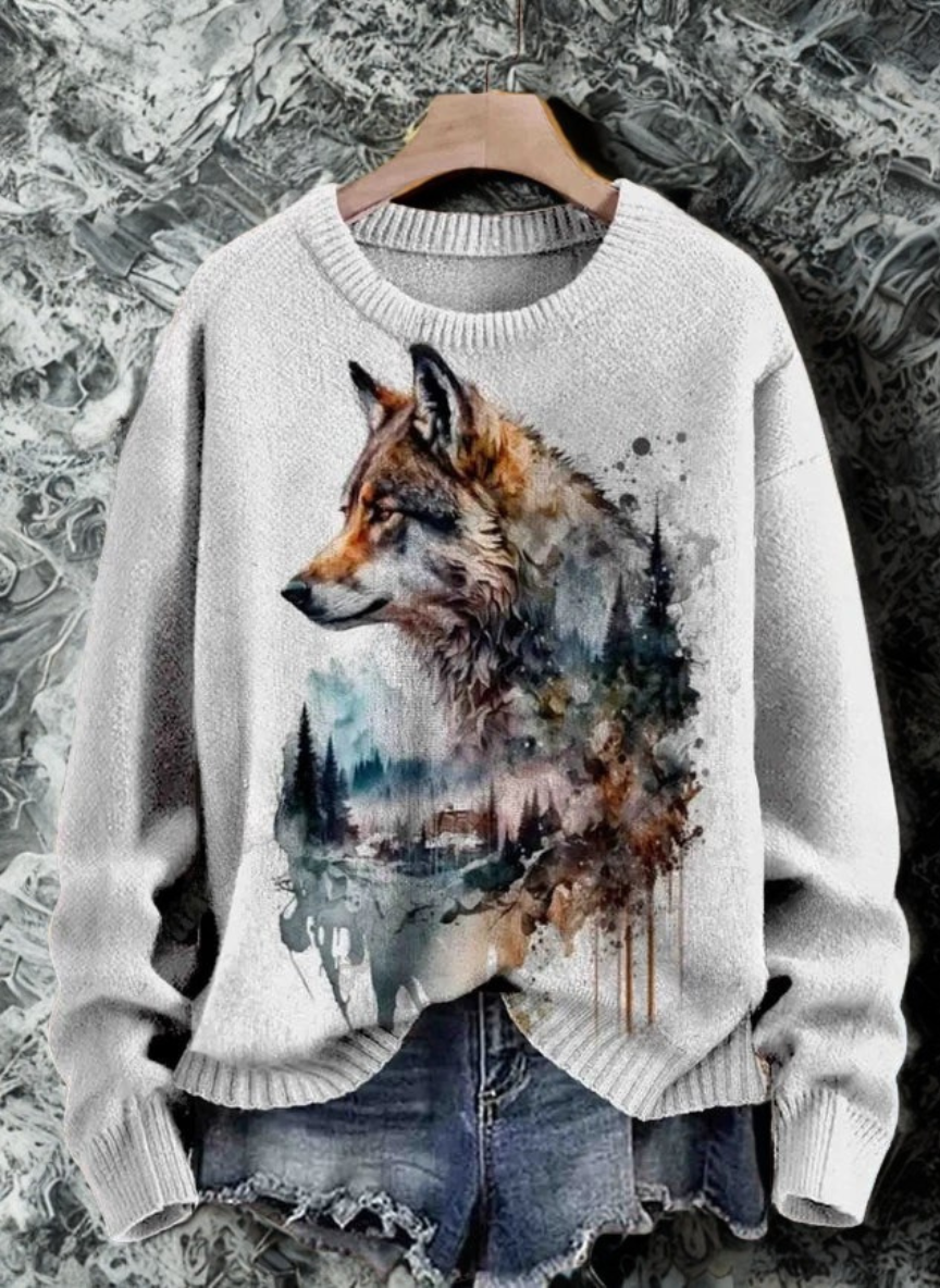 Soft grey wolf watercolor sweater – gentle artistic print, unisex casual style for fall and spring