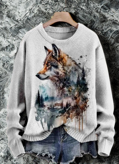 Soft grey wolf watercolor sweater – gentle artistic print, unisex casual style for fall and spring