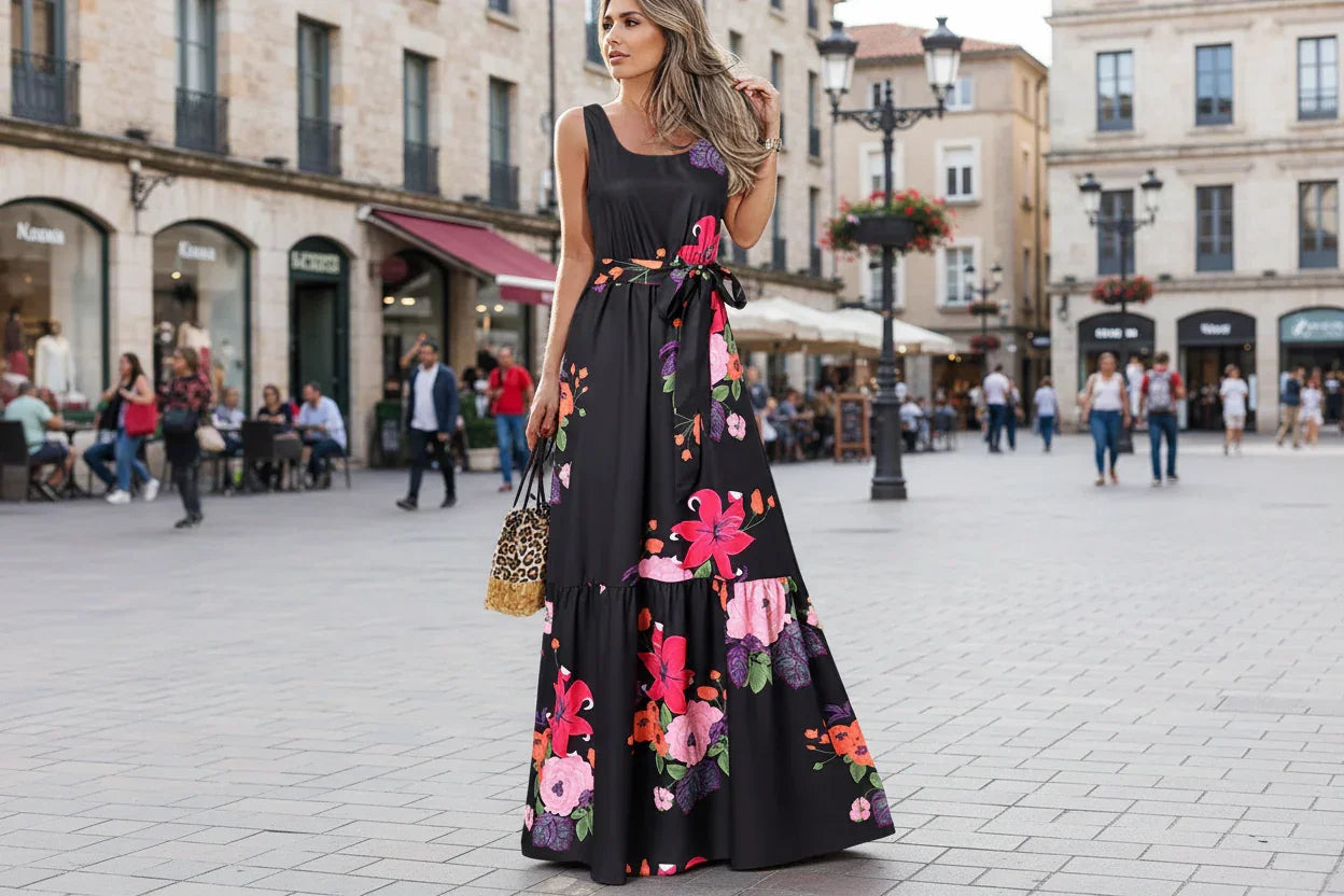 Woman in a black dress with colorful floral patterns walking through a city street.