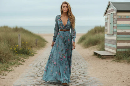 Woman in a blue floral dress walking on a sandy path near a wooden shed on a beach.