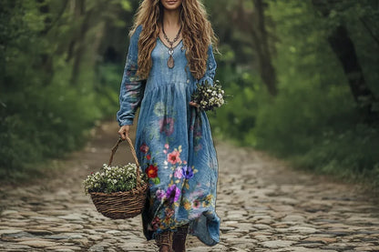 Woman in a blue floral dress holding a basket and flowers outdoors