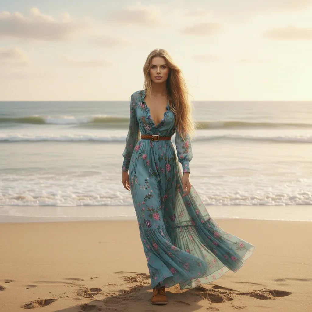 Woman in a blue floral dress standing on a beach with ocean in the background