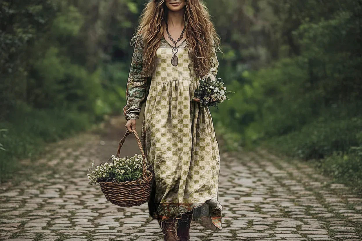 Woman in a checkered dress holding flowers and a basket on a path in a natural setting