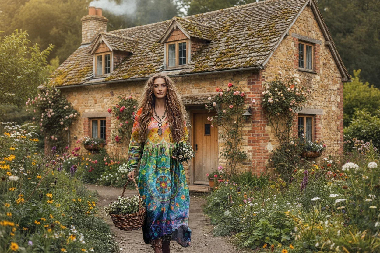 Woman in a colorful dress standing in front of a quaint cottage with a garden.