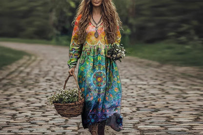 Woman in a colourful dress holding a basket of flowers in a forest setting