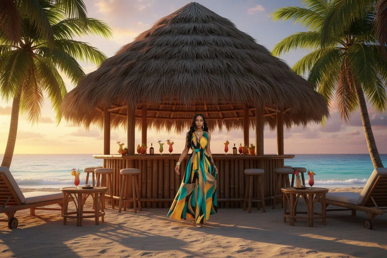 Woman in a colourful dress standing under a thatched-roof bar on a tropical beach at sunset.