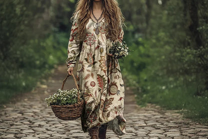 Woman in a floral dress holding a basket and flowers in a natural setting