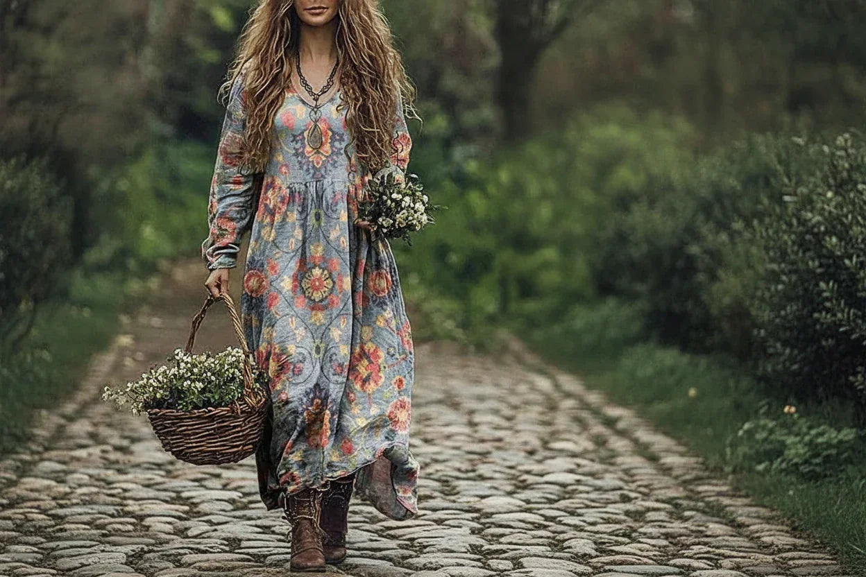 Woman in a floral dress holding a basket and flowers in a natural setting