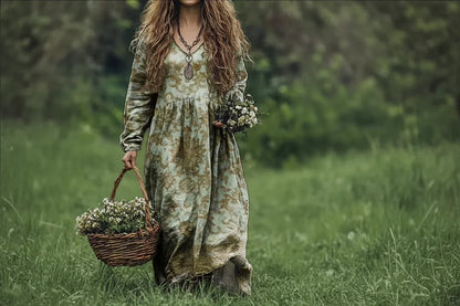 Woman in a floral dress holding a basket and flowers in a grassy field