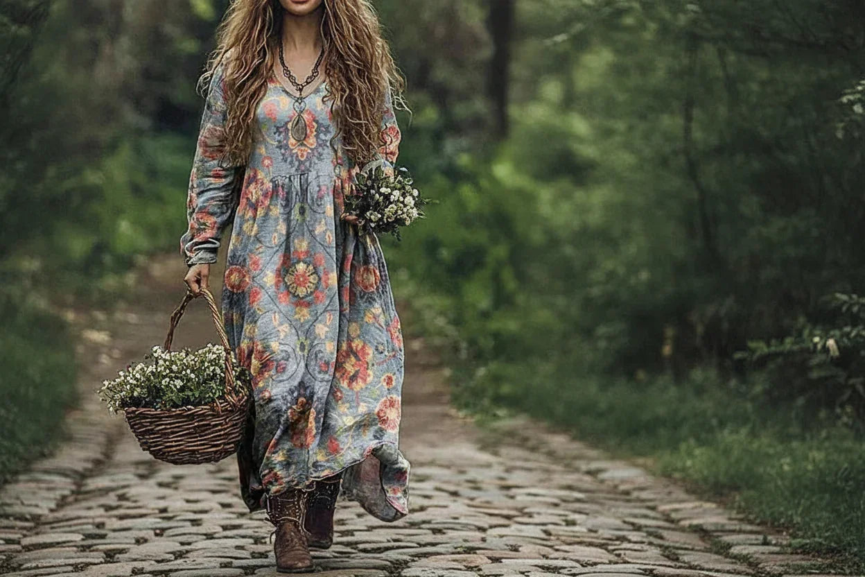 Woman in a floral dress holding a basket and flowers in a natural setting
