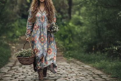 Woman in a floral dress holding a basket and flowers in a natural setting