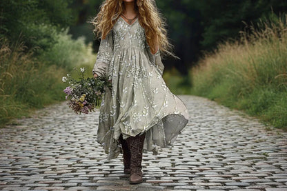 Woman in a floral dress holding flowers in a natural setting