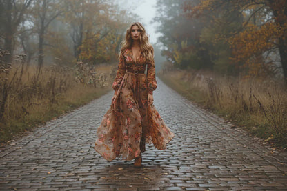 Woman in a floral dress walking on a cobble path in a natural setting