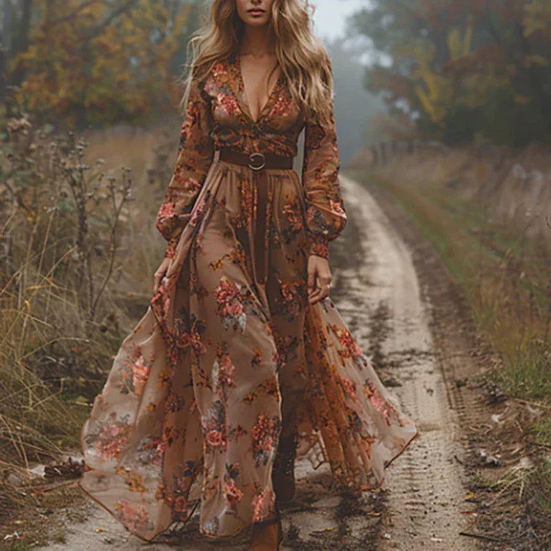 Woman in a floral dress walking on a dirt path in a natural setting