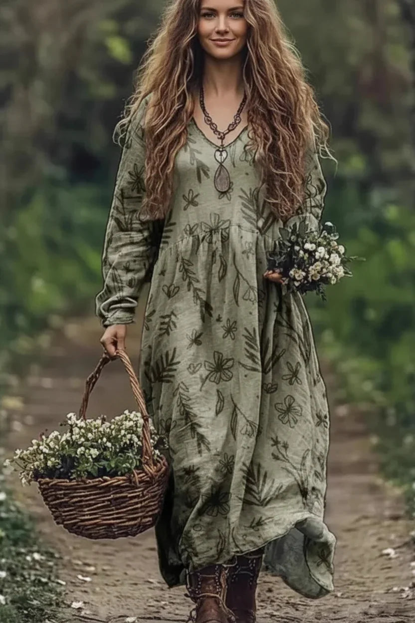 Woman in a green dress with floral patterns holding a basket of flowers in a natural setting.