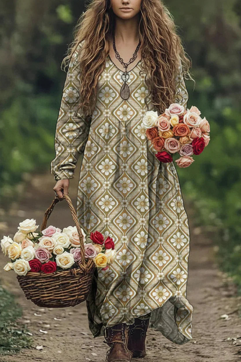 Woman in a long, patterned dress holding a basket of flowers in a natural setting