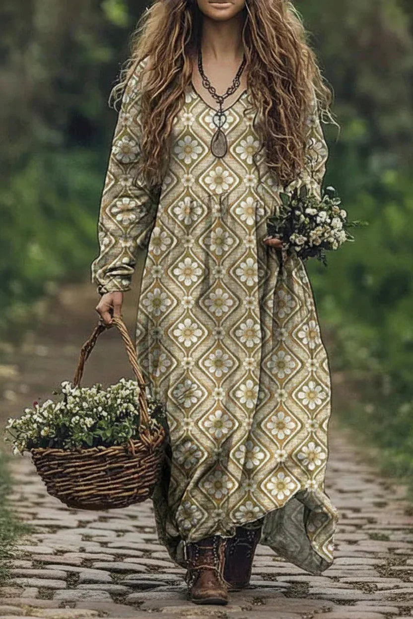 Woman in a long, patterned dress holding a basket of flowers in a natural setting