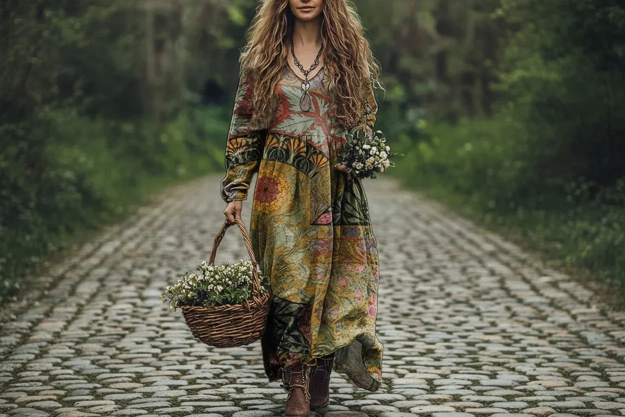Woman in a patterned dress holding flowers and a basket on a path in a forest.