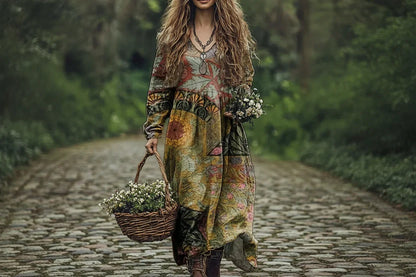 Woman in a patterned dress holding flowers and a basket on a path in a forest.
