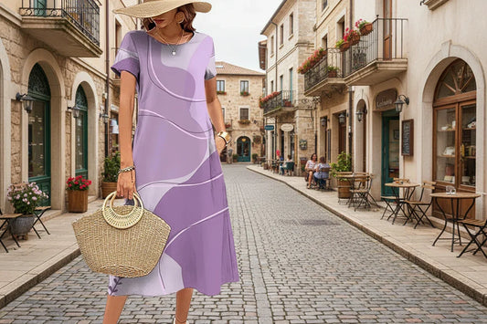 Woman in a purple dress walking down a cobbled street in an Italian town.