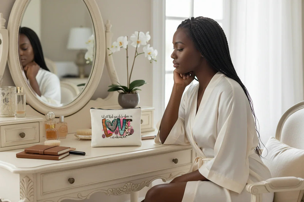 Woman in a white robe sitting at a vanity table with decorative items.