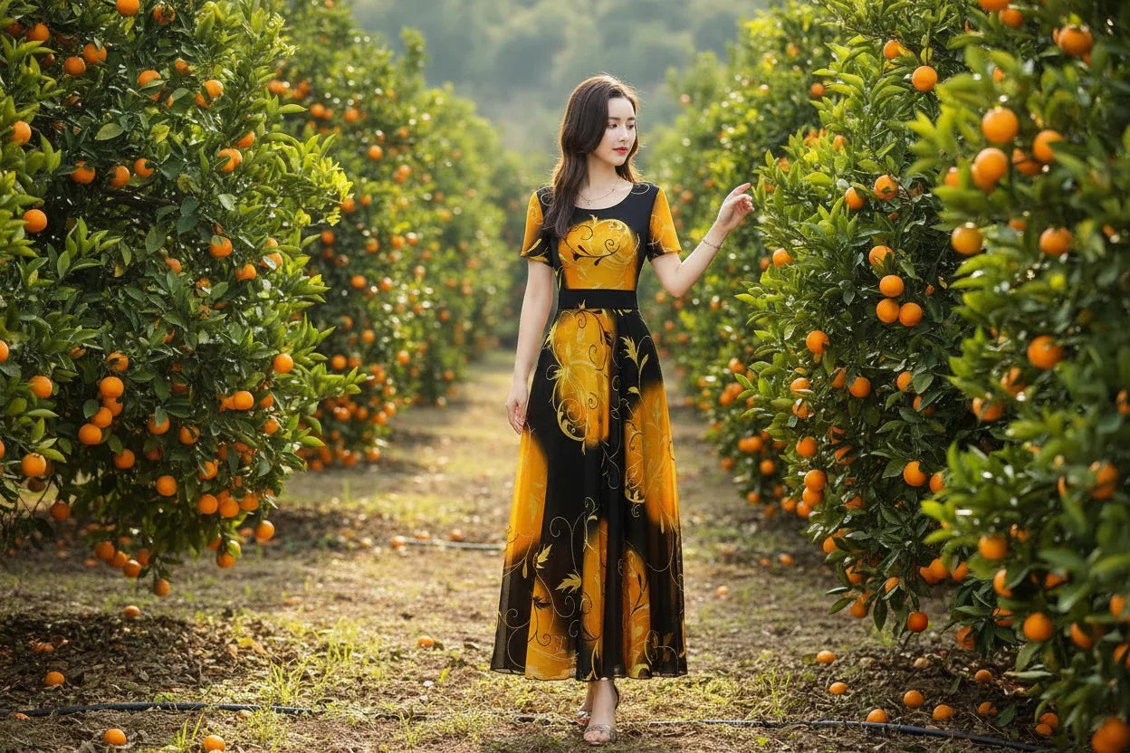 Woman in vibrant yellow-black floral dress posing in sunlit garden — highlighting breathable fabric and graceful movement.