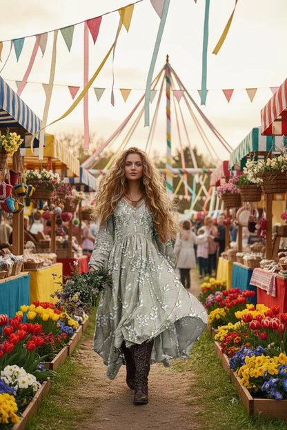 Woman walking through a market with colourful flowers and bunting