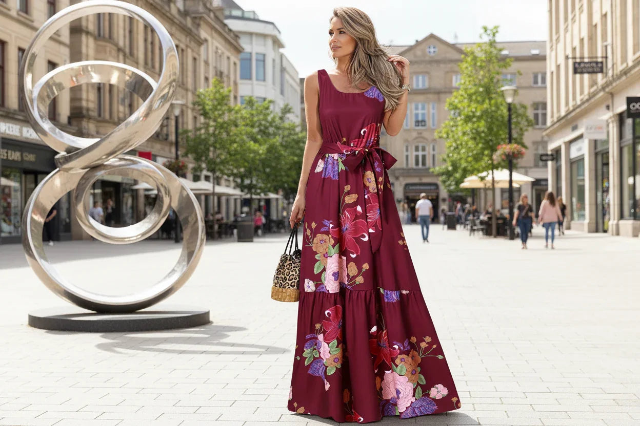 Woman wearing a burgundy floral dress standing outdoors 
