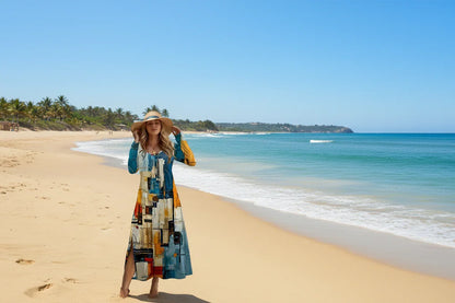 Woman wearing a colourful dress with abstract patterns on a beach.