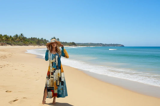 Woman wearing a colourful dress with abstract patterns on a beach.