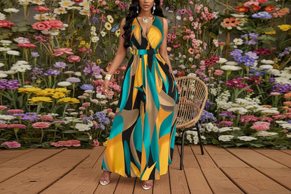 Woman wearing a colourful patterned dress standing in front of green foliage.