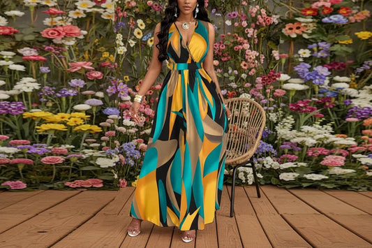 Woman wearing a colourful patterned dress standing in front of green foliage.