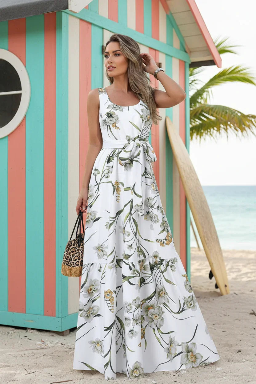 Woman wearing a floral dress with a blurred background