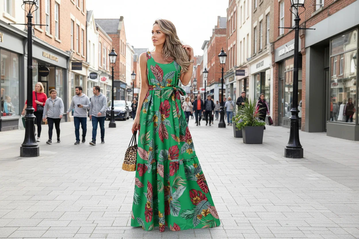 Woman wearing a green floral dress standing outdoors