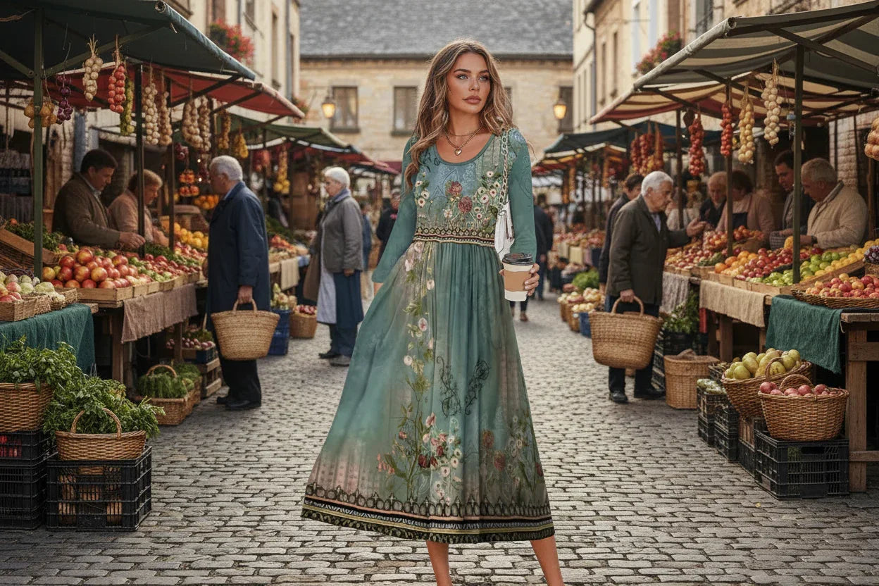 Woman wearing a long, embroidered blue dress holding a coffee cup on a street.